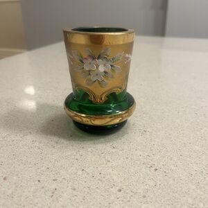 Antique Vintage Moser Bohemian Czech Green Art Glass Bud Vase Gold Enamel 3.75"